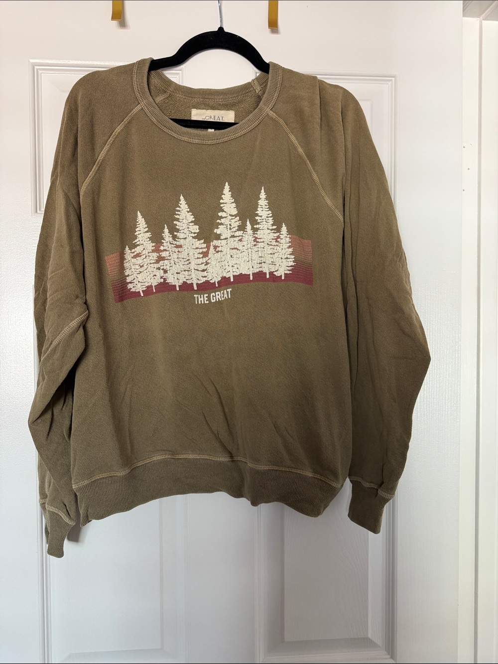THE GREAT. Olive Graphic Crewneck Sweatshirt with Tree Motif
